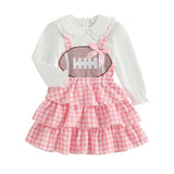 MQTIME  -  Adorable Baby Girl Autumn Ensemble with Peter Pan Collar Embroidered Rugby Design and Plaid Ruffle Overall Dress - 2 Piece Set