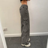 MQTIME  -  Cargo Jeans Women Street Retro Straight Casual Trousers Irregular Multi-pocket Wide Belt Design Jeans