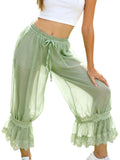 MQTIME  -  Women Ruffle Long Bloomers Y2K Sheer Ruffle Lace Patchwork Drawstring Pettipants Cropped Flare Slips Pants Streetwear