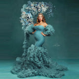 MQTIME  -  Fashion Photo-shoot Maternity Dresses with Sleeves Mermaid Pregnancy Dress Blue Stretchy Long Party Prom Gowns Tierred
