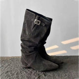 MQTIME  -  Women's Calf Boots Spring Slouchy Boots Sheepskin Ruched Low Heel Pointed Toe Mid Calf Knee High Denim Cowboy Riding Boots