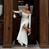 MQTIME  -  Slash Neck Solid Women Dresses Split Pleated A Line Female Long Dress 2024 Elegant Fashion High Waist Slim Party Lady Vestidos