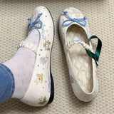 MQTIME  -  Cute Bunny Style Mary Jane Ballet Flats Women Leather Round Toe Low Cut Single Shoes Butterfly Knot Decor Soft Flat Footwear