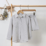  MQTIME  -  Children's Cotton Linen Buttons Black And White Striped Suit Autumn New Boys And Girls Long-Sleeved Shirt Drawstring Shorts Sets
