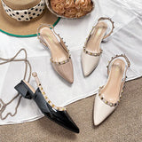MQTIME  -  Women's Nude Patent Leather Sandals Pointed Toe Slingback Pumps with Studs Low Block Heel Dress Shoes for Office and Party Heel