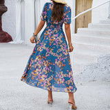 MQTIME  -  Women's Spring Summer Boho Dress Floral Printed Short Sleeved V Neck Dress Elegant Slim Waist Party Street Dress Womens