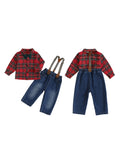 MQTIME  -  Boys Winter 2Pcs Outfits Long Sleeve Lapel Checkered Shirts Denim Overalls Sets with Adjustable Suspenders