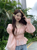 MQTIME  -  Korean Style Square Necked Bubble Sleeved Shirt for Women, New Design, Slim Waist, Short Top, Autumn