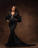 MQTIME  -  Black Mermaid Maternity Dress for Photoshoot V Neck Long Sleeves Pregnant Gowns  Gala Robes Dressing Wear Babyshower Customized