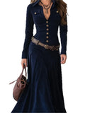  MQTIME  -  Elegant Turn-down Collar Button Long Maxi Dress Woman Sexy Slim A-Line Dress Vintage Long Sleeve Spring Autumn Dress And Belt