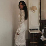 MQTIME  -  Sexy V-neck Long Sleeve Lace Patchwork Dress Women Elegant Double-layer Stretchy Party Club Evening Dress Wedding Outfit