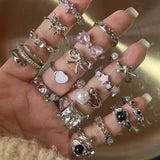 Mqtime Kpop Y2K Romantic Lovely Silver Color Bow Heart Irregular Geometry Open Finger Rings For Women Grunge EMO Jewelry Accessories