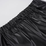  MQTIME  -  Women's Black Faux Leather Wide Leg Culotte Pants Low Waisted With Drawstring Punk Loose Fit Autumn Winter Streetwear Style Chic