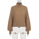 MQTIME  -  Retro Autumn Solid Knitted Hollow Sweater Women Turtleneck Full Batwing Sleeve Loose Casual Versatile Street Pullovers