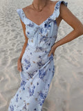 MQTIME  -  Women Fashion Sleeveless Lace Up High Waist Long Dresses Holiday Print Slim Sling Maxi Dress Summer New Lady Daily Party Robes