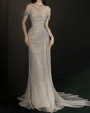 MQTIME  -  Champagne Sequin Evening Dress Off Shoulder Floor Length Temperament Tassels Luxury Fishtail Formal Mermaid Wedding Prom Gown