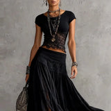  MQTIME  -  New Spring Summer Short Sleeve Outfit Women's O Neck Patchwork Lace Top & Pleated Maxi Skirts Set Casual Bohemian Two Piece Suit