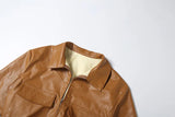  MQTIME  -  Fashion Retro Lapel Short Leather Jacket Women Full Sleeve Zipper Pocket Cropped Jackets Lady Daily Highstreet Outerwear