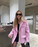 Mqtime Pink Lambwool Lapel Women Elegant Soft Coat Full Sleeve Single Button Oversize Loose Overcoat Autumn Winter Chic Streetwear