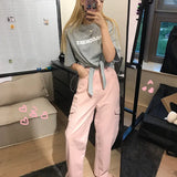 MQTIME  - Women Pink Cargo High Waist Wide Pants Straight Palazzo Pants Fashion All-Match Trousers Harajuku 2024 Women Solid Pockets Pants