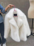 Mqtime Female Cropped White Faux Fur Jacket Winter Fluffy Long Sleeve Lapel Collar Loose Warm Overcoats Lady Elegant High Street Coat