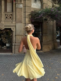 MQTIME  -  ﻿ Yellow Lace Women Short Dress Sexy V Neck Halter Sleeveless Backless Party Gown Summer Chic Beach Holiday Lady Vestidos
