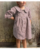MQTIME  -  Retro Linen Doll Collar Girls Dress New Spring And Summer Chic Wooden Buttons Long-Sleeved  A-Line Dress Linen Kids Clothes