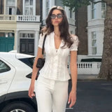 MQTIME  -  Romantic Ruffled Puff Sleeve Blouse Stand Collar V-neck Button Slim Fit Women Tops Chic Stylish Trendy Retro Y2k Streetwear