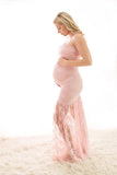 MQTIME  -  Sexy Strapless Maternity Shooting Dresses For Baby Shower Women Pregnancy Photo Gown Pink Lace Long Pregnant Photography Clothes