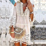 MQTIME  -  Beach Boho White Lace Fashion Eu Mini Dress Women Autumn Pop Tassel Loose V Neck Dresses Lady Female Clothing