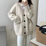 MQTIME  -  New Collection Women's Sweaters and Pullovers V Neck Button Front Patch Pockets Long Sleeve Oversized Top Woman Daily Wear