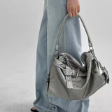 MQTIME  -  High-end Large Capacity Solid Color Washed Motorcycle Style Casual Handbag Shoulder Bag