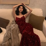 MQTIME  -  Retro Sexy Red Velvet Sequin V-neck Suspender Dress Elegant High end High Waist Wrap Hip Slimming Long Evening Dresses for Women