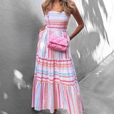 MQTIME  -  Summer New Fashion Temperament Mid Long Women Striped Camisole Dress Simple Square Neck Female Casual Long Dresses