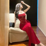 MQTIME  -  Women's Pure Desire Wind Red Lace Waist Dress Dress