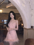 MQTIME  -  Party Dress Women Sexy Slim Sequins Spliced Fur Strapless Dresses Spring Summer Sleeveless Fashion Vestidos