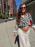 MQTIME  -  Fashion Minimal Zebra Print Leisure Blouse Classic V Neck Fluffy White Feather Cuffs Top Women Autumn City Casual Walk Blouse
