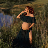 MQTIME  -  Maternity Dress For Photoshoot Pregnancy Off Shoulder Ruffled Semi Transparent Chiffon Long Dress Photography Dress For Women