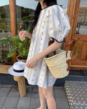 MQTIME  -  Korean Fashion Ins Dress Bubble Sleeve Age Reduction Skirt Female Vestidos New Summer Contrast Color Striped Dresses