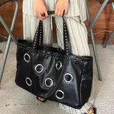 MQTIME  -  Harajuku-style Y2k Cool Large-capacity Punk Dark PU Tote Bags Metallic Ring Holes Storage Bag Handbag Women's Bags Shoulder Bag