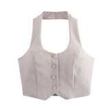  MQTIME  -  Women Fashion Solid Vest Pant Suit Single Breasted Halter Cropped Vests Top High Waist Patchwork Trouser Office Lady Sets