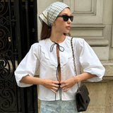  MQTIME  -  European and American Fashion French White Pure Cotton Doll Collar Puff Sleeve Tied Shirt