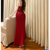 MQTIME  -  Women's Pure Desire Wind Red Lace Waist Dress Dress