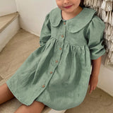 MQTIME  -  Retro Linen Doll Collar Girls Dress New Spring And Summer Chic Wooden Buttons Long-Sleeved  A-Line Dress Linen Kids Clothes
