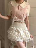 MQTIME  -  French Temperament Sweet Peter Pan Collar Short Sleeve Lace-up Knitted Short T-Shirts