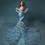  MQTIME  -  Amazing Dusty Blue Maternity Dress for Photoshoot Lush Ruffles Pregnancy Babyshower Bridal Dress for Photography