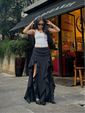 MQTIME  -  Women Sexy Solid Pleated Mesh Long Skirt Chic High Waist Split Ruffled Midi Skirts 2024 Summer Fashion Female Street Skirt