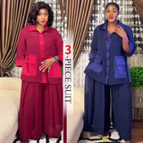 MQTIME  -  Women's There Piece Sets 2025 Spring And Summer New Women's Solid Color Casual Cardigan Top Wide Legged Pants Suit Two-Piece Set