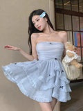 MQTIME  -  Kawaii Bowtie Cake Dress Women Summer New French Mesh Princess Short Dress Sexy Strapless Mini Puffy Dress for Birthday Party