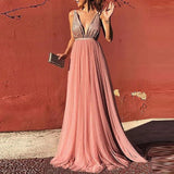 MQTIME  -  Fashion Sequined Patchwork Waist Solid Long Dress Sexy Sleeveless Split Gowns Dress Lady Elegant Deep V-neck Evening Party Dress